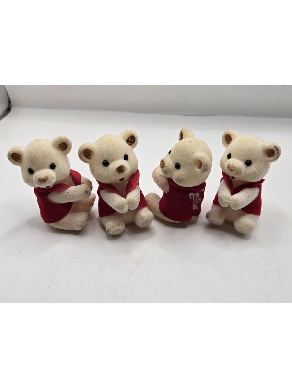 Vintage Lot of 4 Flocked Teddy Bear Figurines Mini Fuzzy Bears Red Vests Texas